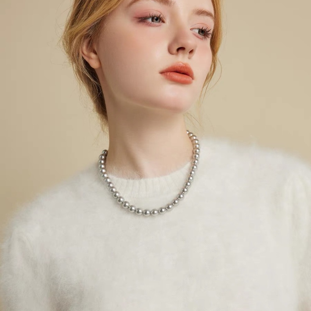 New Women Gray Pearl Necklace 6mm